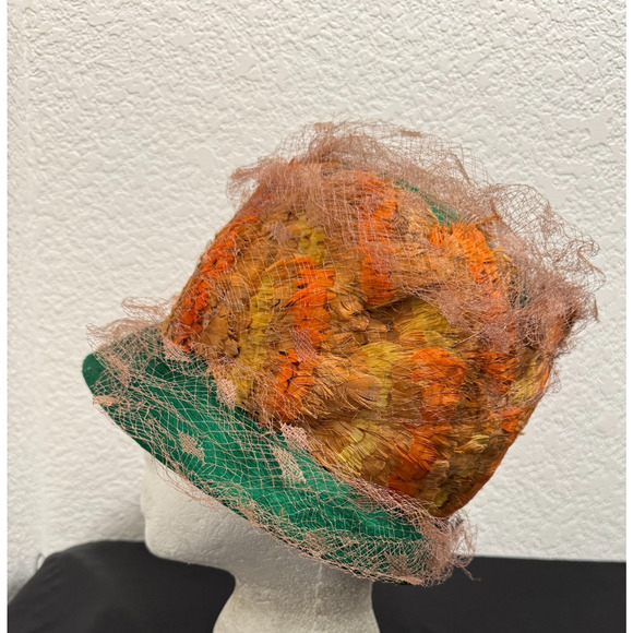 Vintage Leslie James Full Feather Bucket Hat Green Orange Net Italy Made Party main image 4